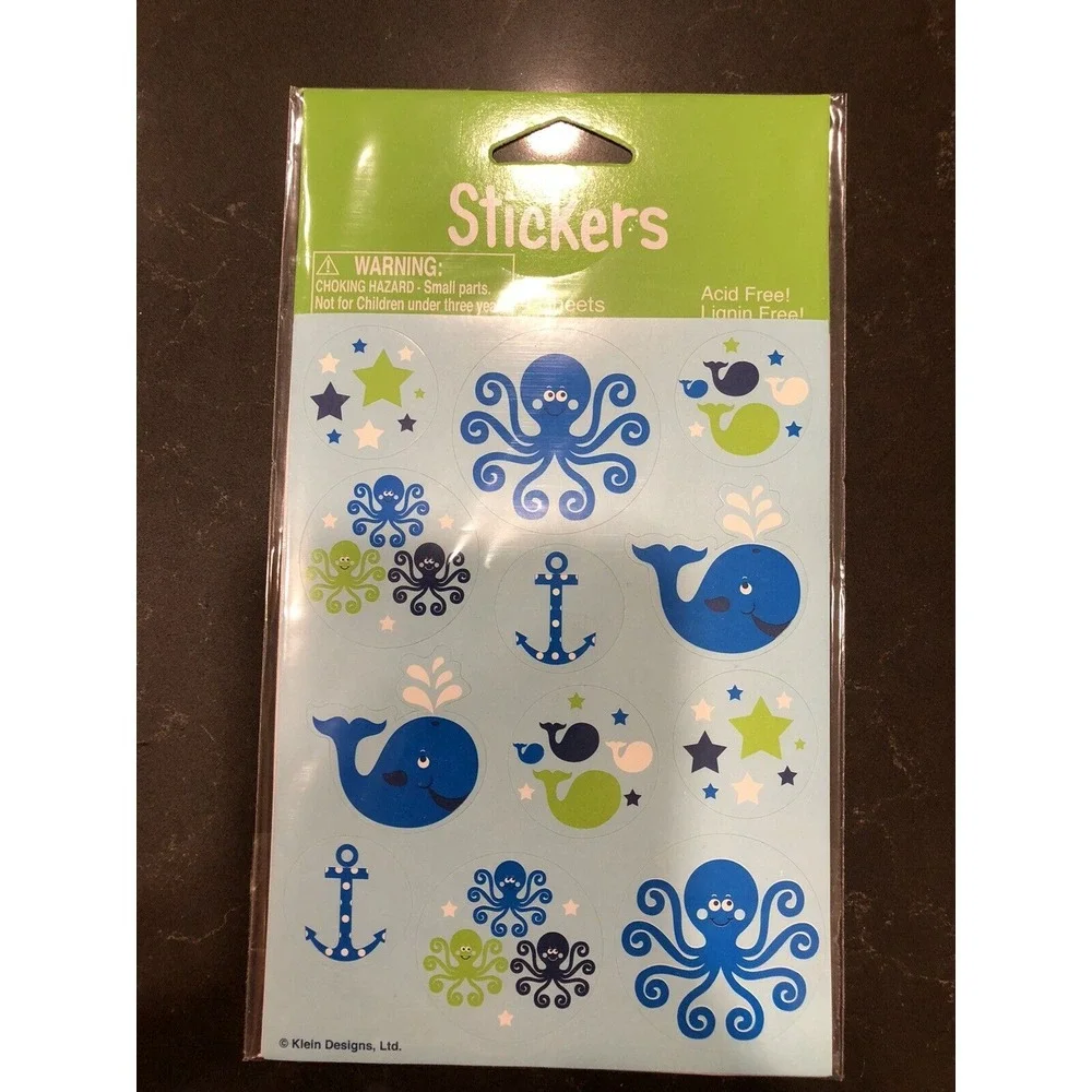 4 sheets of STICKERS blue WHALES OCEAN PREPPY WITH OCTOPUS ANCHORS AND STARS NEW